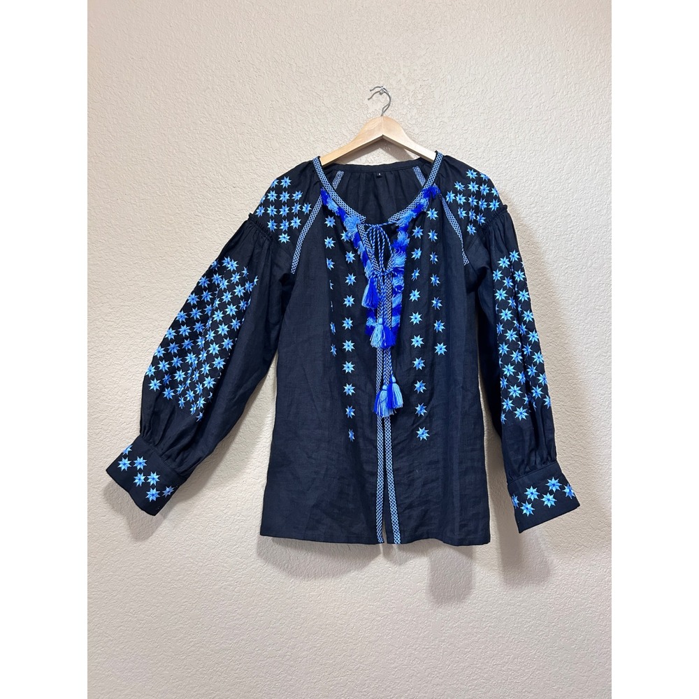 Boutique Size S Embroidered Peasant Blouse Black Blue Star Boho Tassel Folk